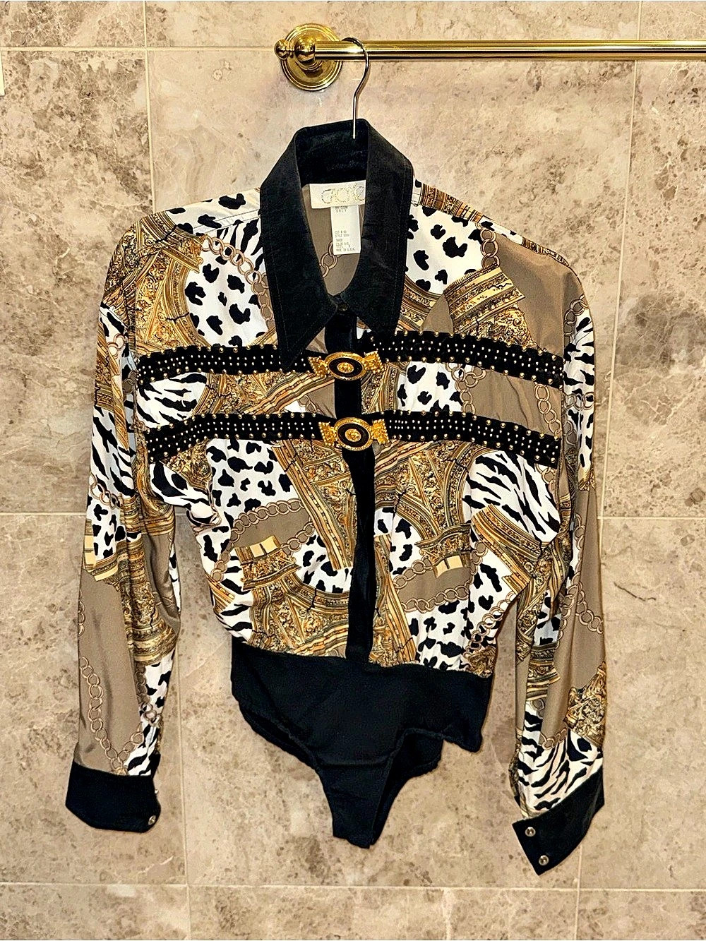 Cache Printed Studded Buckle Bodysuit in Black & Beige Size Small